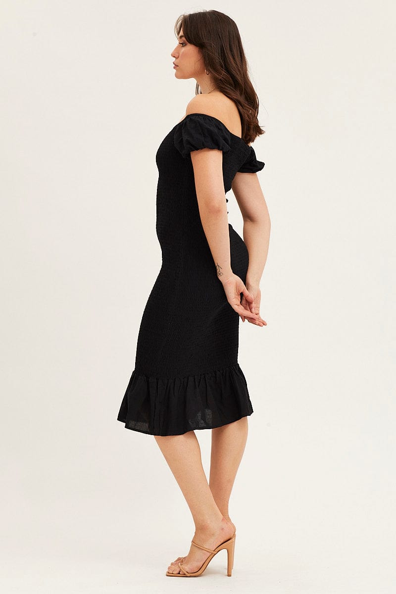 Black Shirred Midi Dress