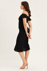 Black Shirred Midi Dress