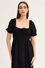 Black Short Sleeve Ruched Midi Dress