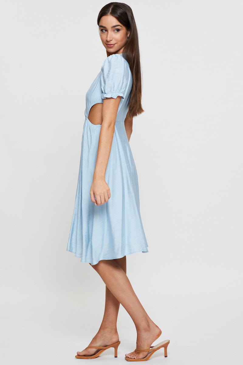 Blue Midi Dress Short Sleeve V Neck