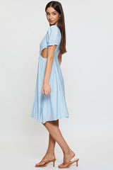 Blue Midi Dress Short Sleeve V Neck