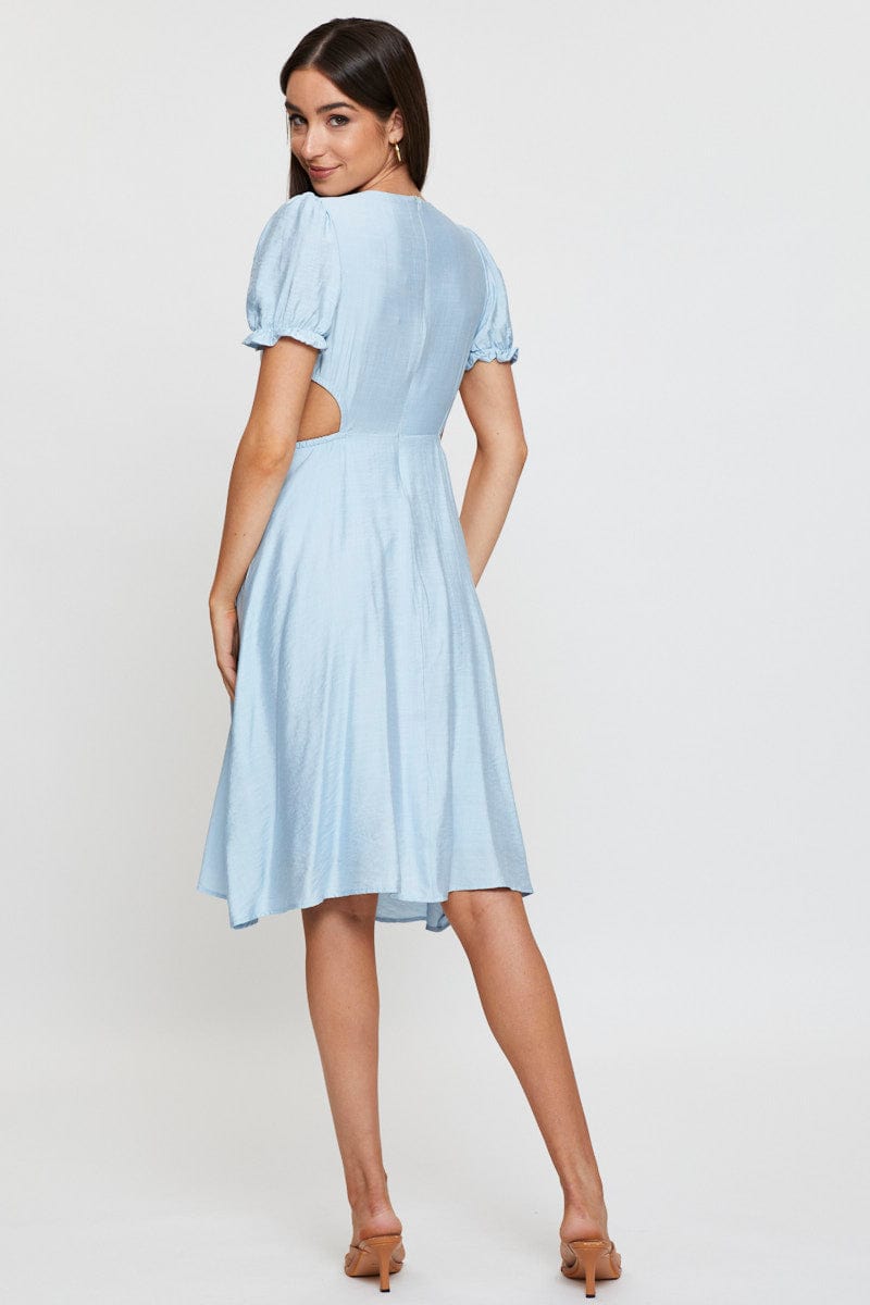 Blue Midi Dress Short Sleeve V Neck