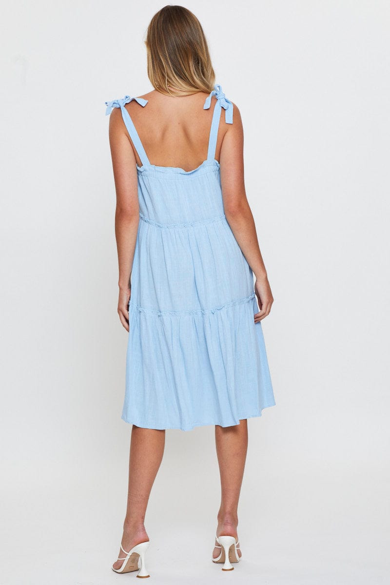 Blue Midi Dress Sleeveless Tie Shoulder