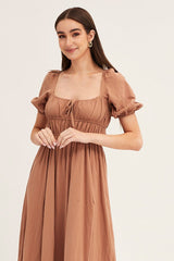 Brown Short Sleeve Ruched Midi Dress