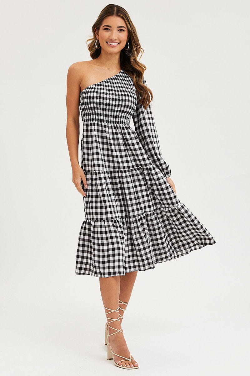Check Dress One Shoulder Midi