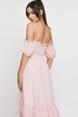 Check Midi Dress Off Shoulder Short Sleeve