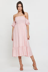 Check Midi Dress Off Shoulder Short Sleeve