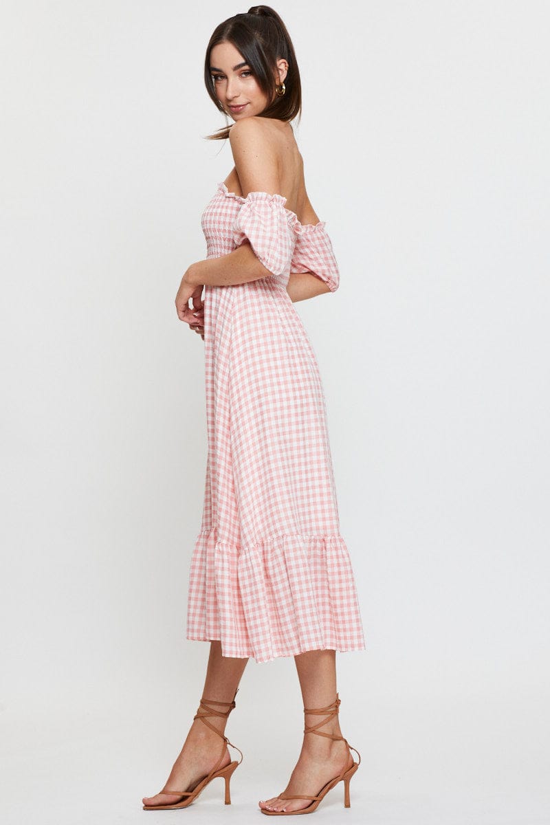 Check Midi Dress Off Shoulder Short Sleeve