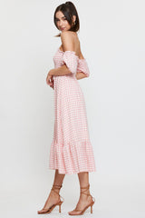 Check Midi Dress Off Shoulder Short Sleeve