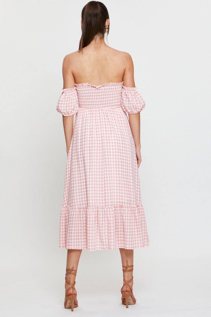 Check Midi Dress Off Shoulder Short Sleeve