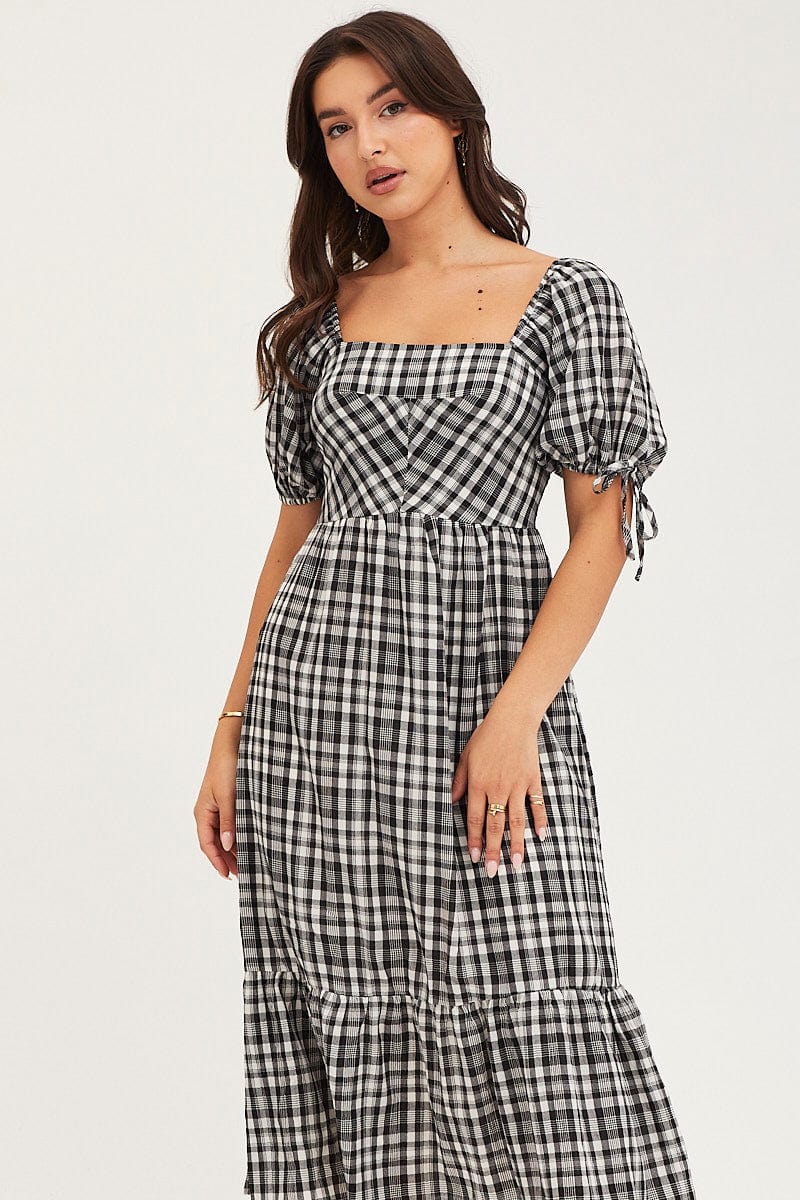 Check Midi Dress Short Sleeve Evening