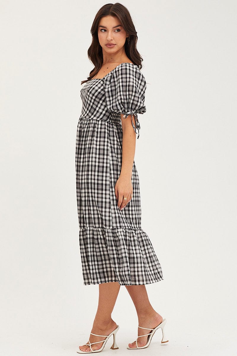 Check Midi Dress Short Sleeve Evening