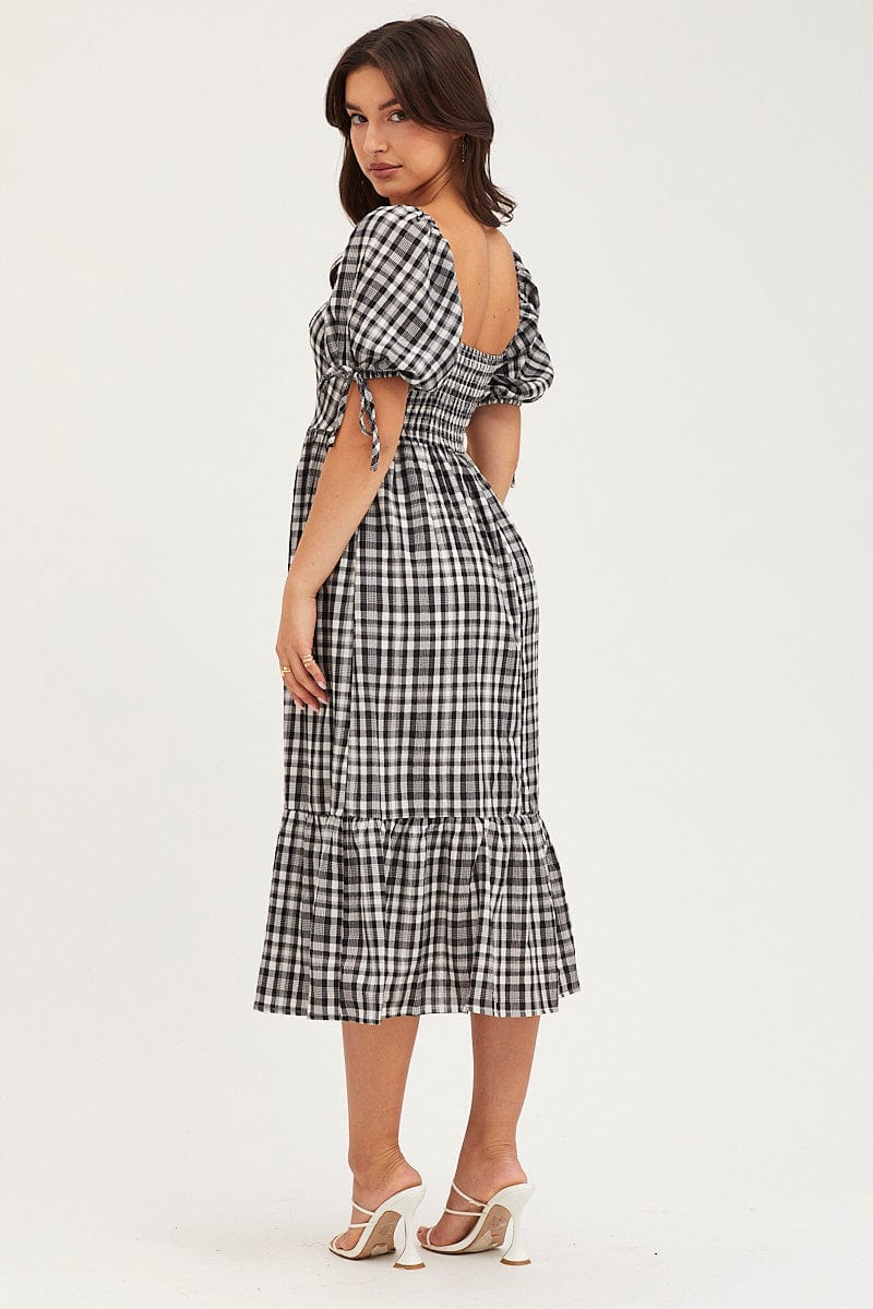 Check Midi Dress Short Sleeve Evening