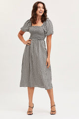 Check Midi Dress Short Sleeve Square Neck