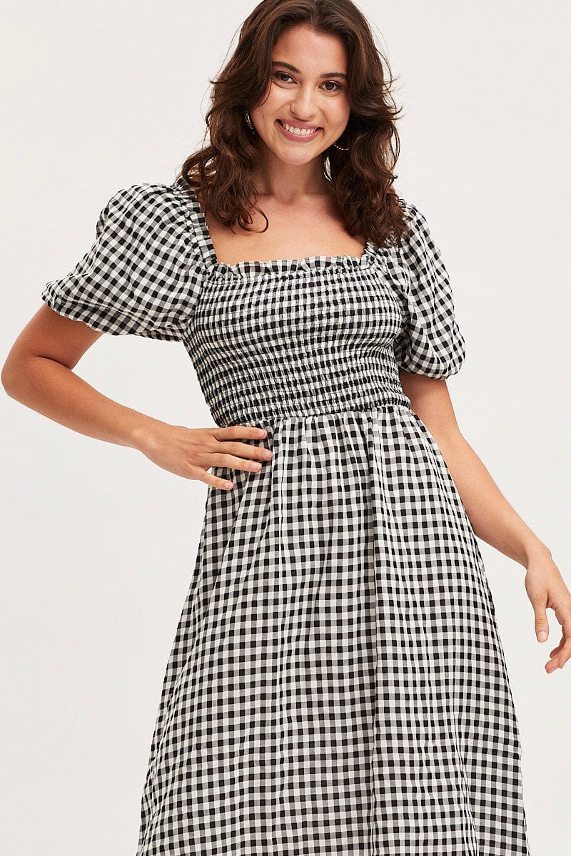 Check Midi Dress Short Sleeve Square Neck