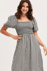 Check Midi Dress Short Sleeve Square Neck