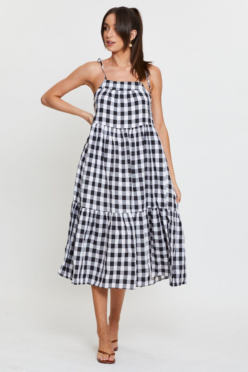 Check Midi Dress Sleeveless Tie Shoulder