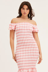 Check Shirred Midi Dress