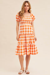 Check Short Sleeve Shirred Midi Dress