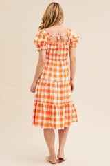 Check Short Sleeve Shirred Midi Dress