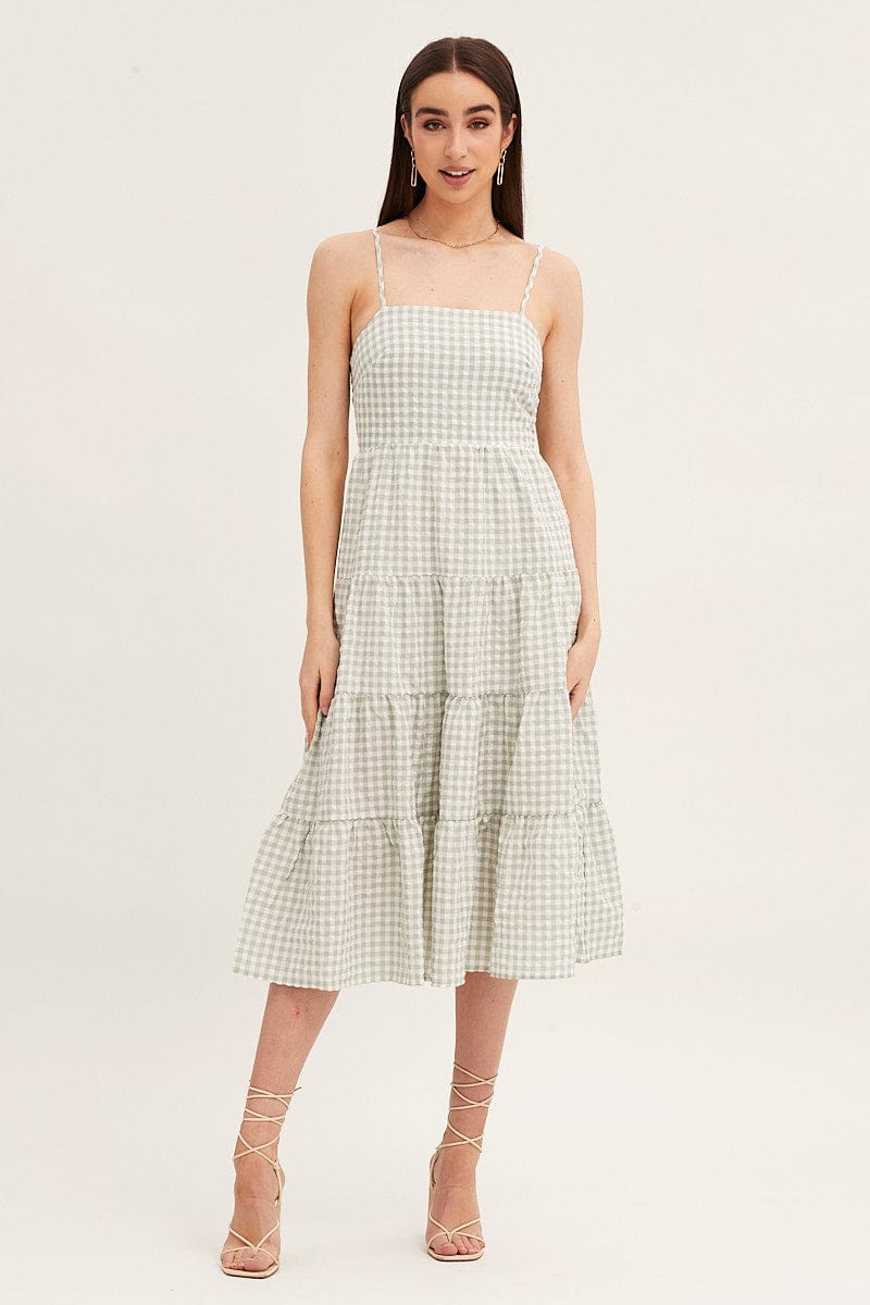 Check Sleeveless Backless Tiered Midi Dress