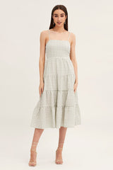 Check Sleeveless Backless Tiered Midi Dress