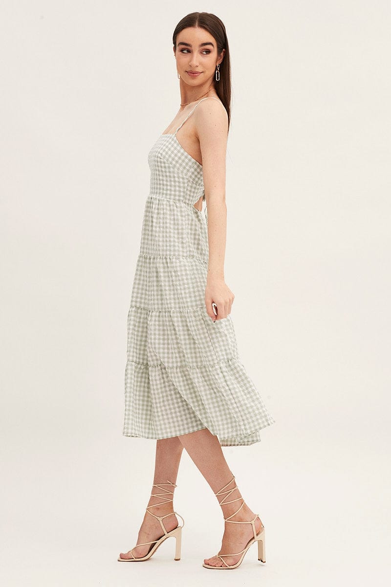 Check Sleeveless Backless Tiered Midi Dress