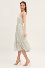 Check Sleeveless Backless Tiered Midi Dress