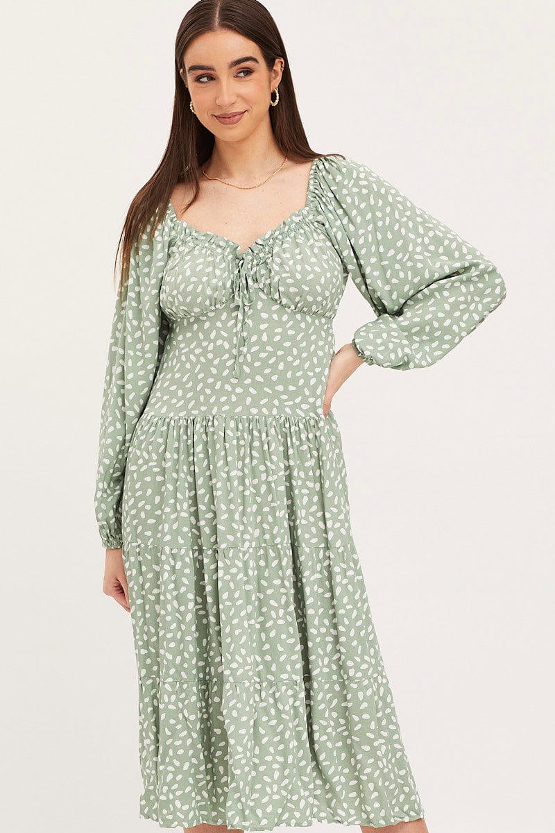 Geo Print Dress Long Sleeve Midi