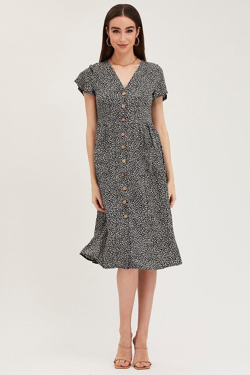 Geo Print Pocket Front Button Midi Dress