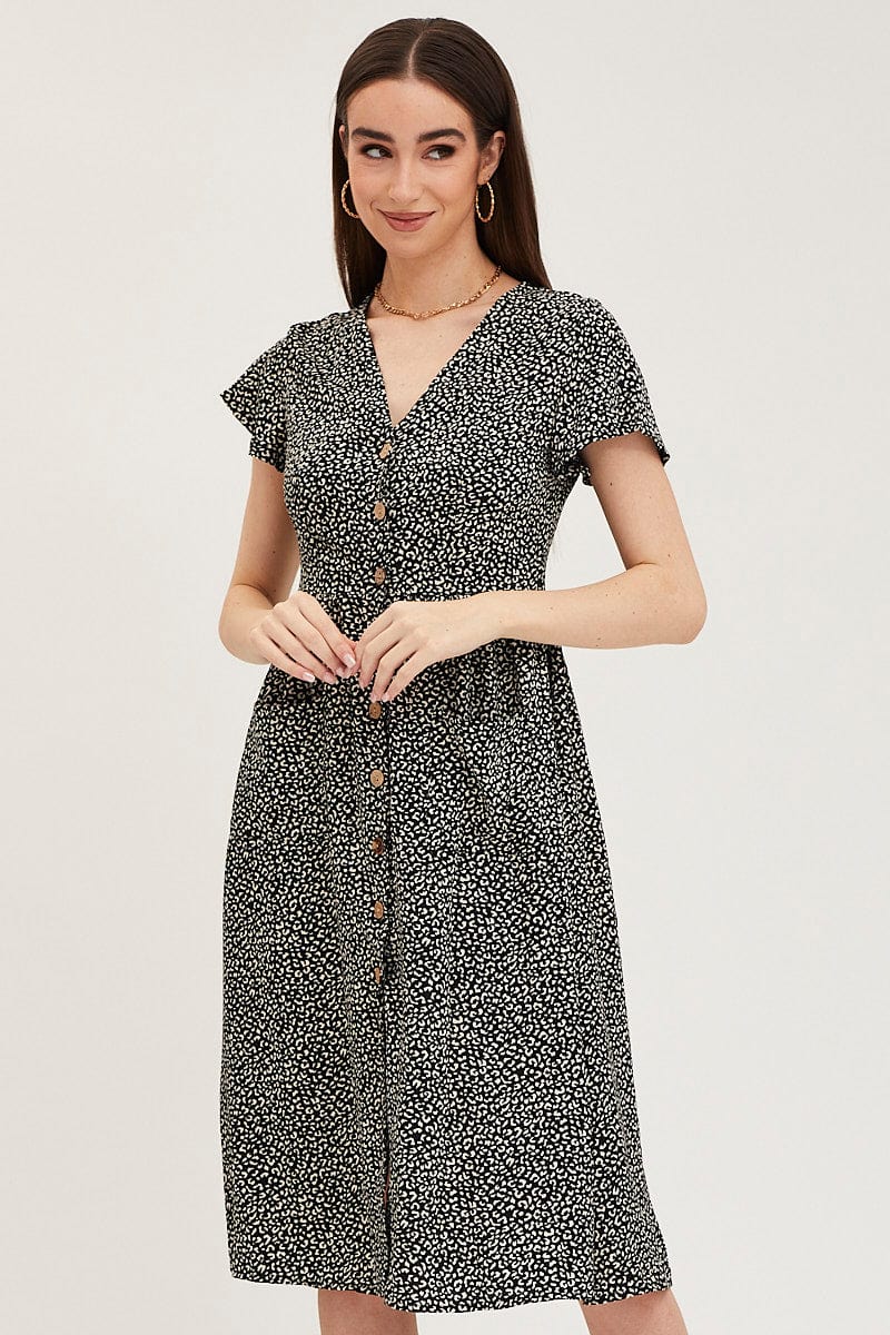 Geo Print Pocket Front Button Midi Dress