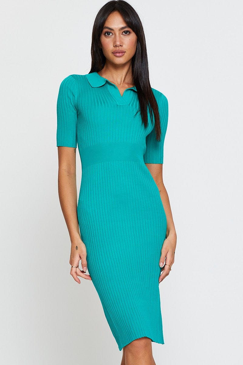 Green Dress Short Sleeve Midi Collared Knit