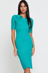 Green Dress Short Sleeve Midi Collared Knit