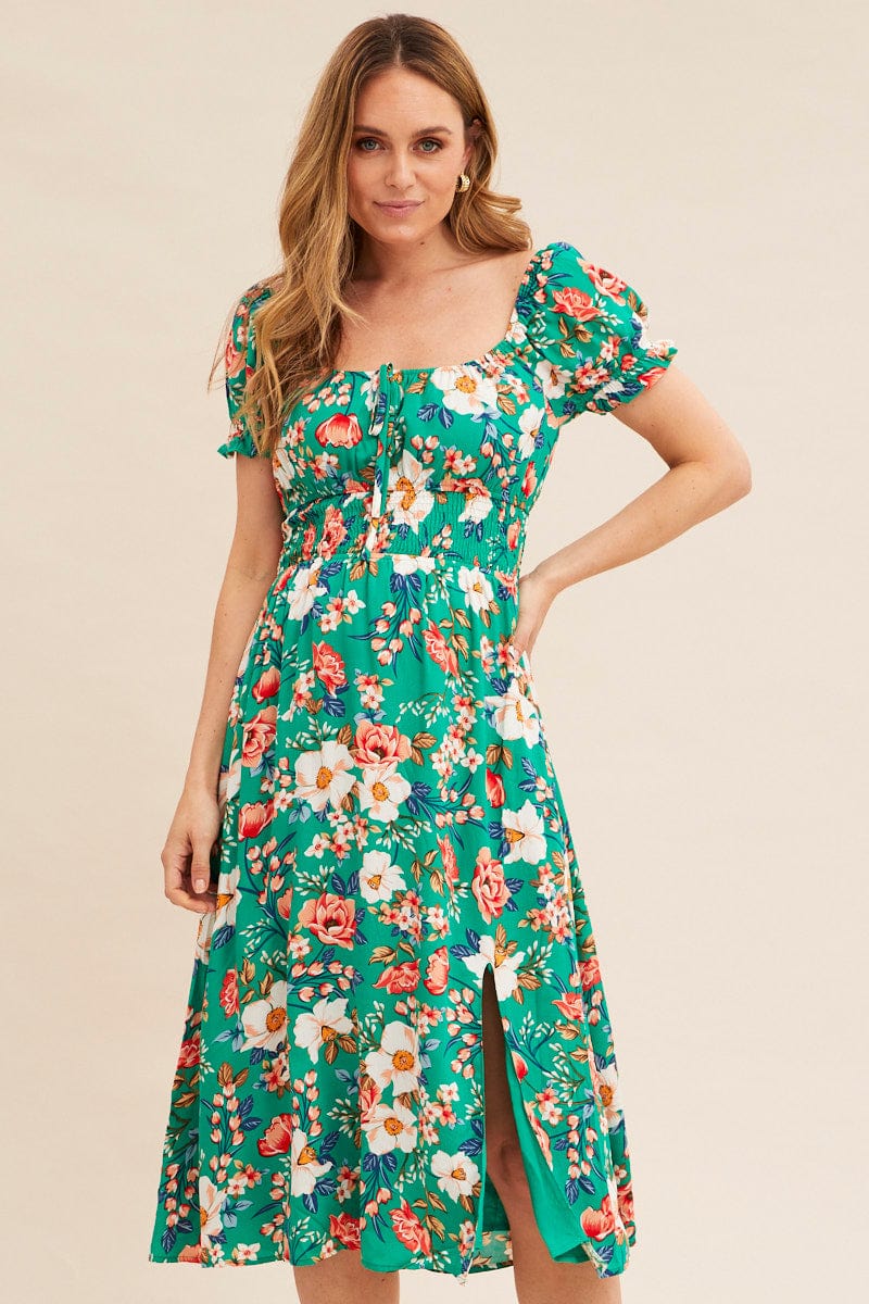 Green Floral Short Puff Sleeve Midi Slit Dress