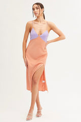 Multi Slip Dress Midi V Neck Colour Block Satin