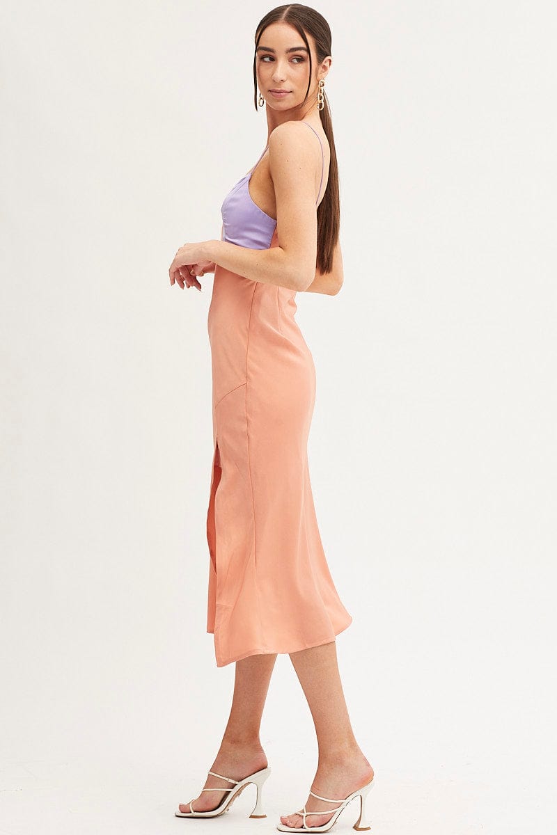 Multi Slip Dress Midi V Neck Colour Block Satin