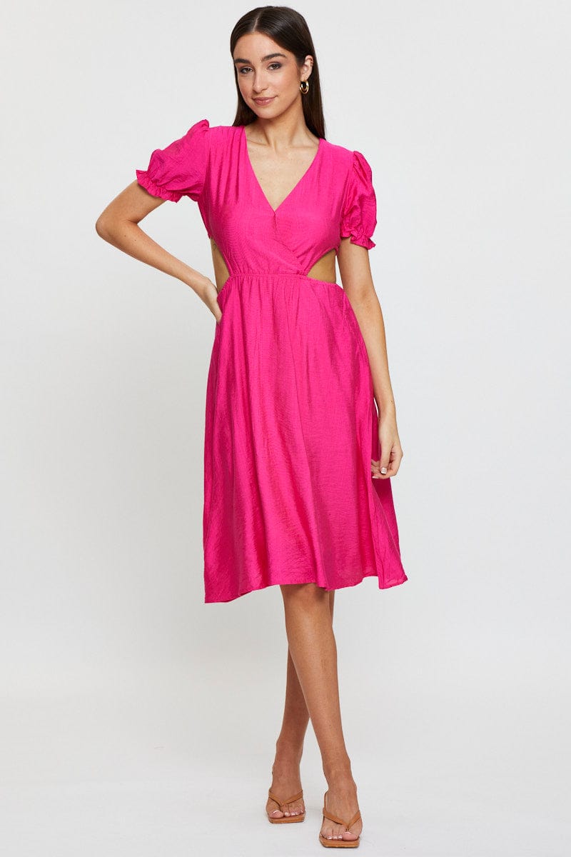 Pink Midi Dress Short Sleeve V Neck