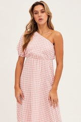 Stripe Check One Shoulder Midi Dress
