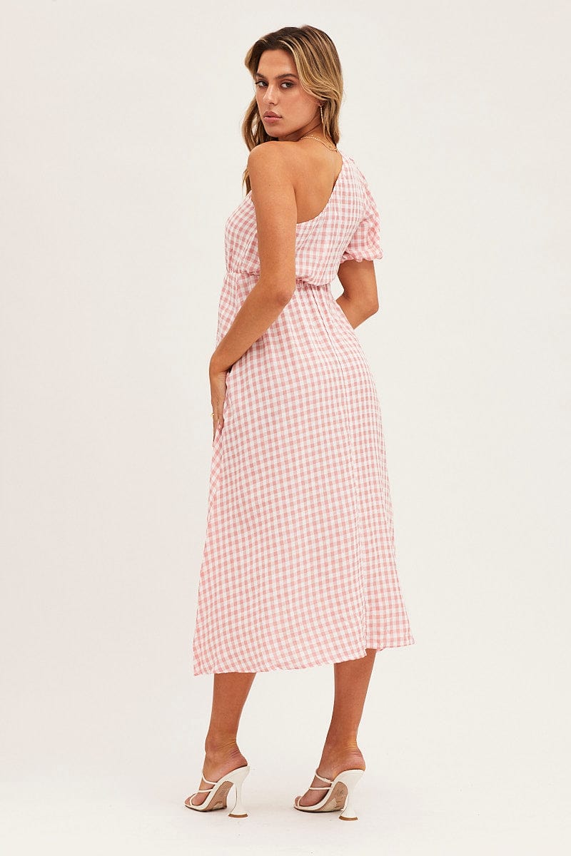 Stripe Check One Shoulder Midi Dress