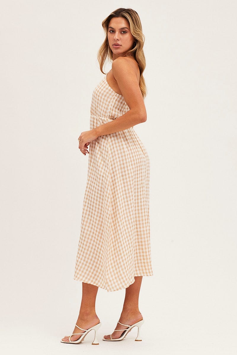 Stripe Check One Shoulder Midi Dress
