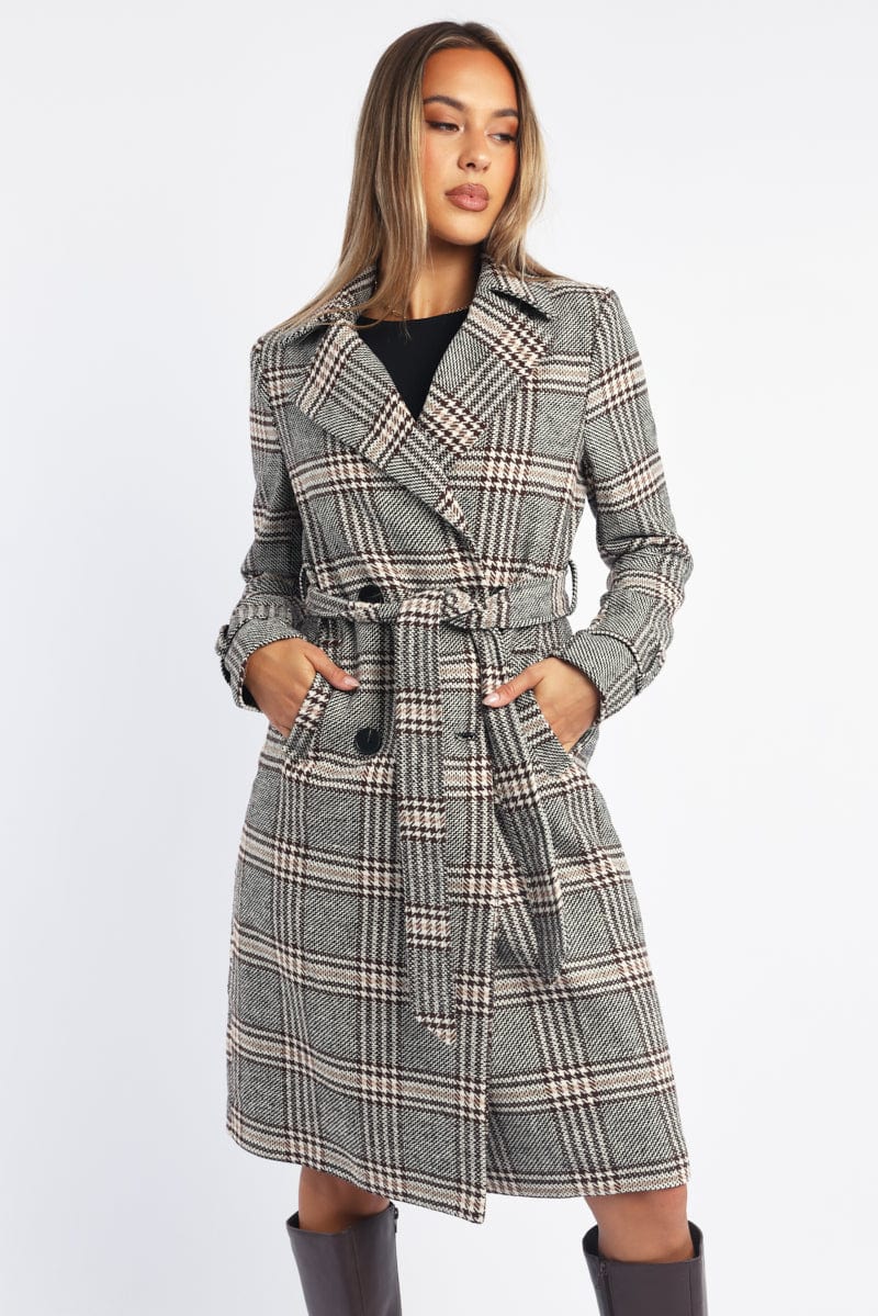 Black Check Belted Coat Knee Length Long Sleeve