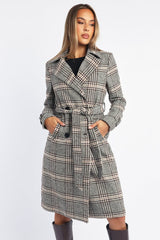 Black Check Belted Coat Knee Length Long Sleeve
