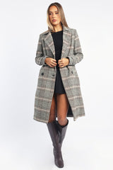 Black Check Belted Coat Knee Length Long Sleeve