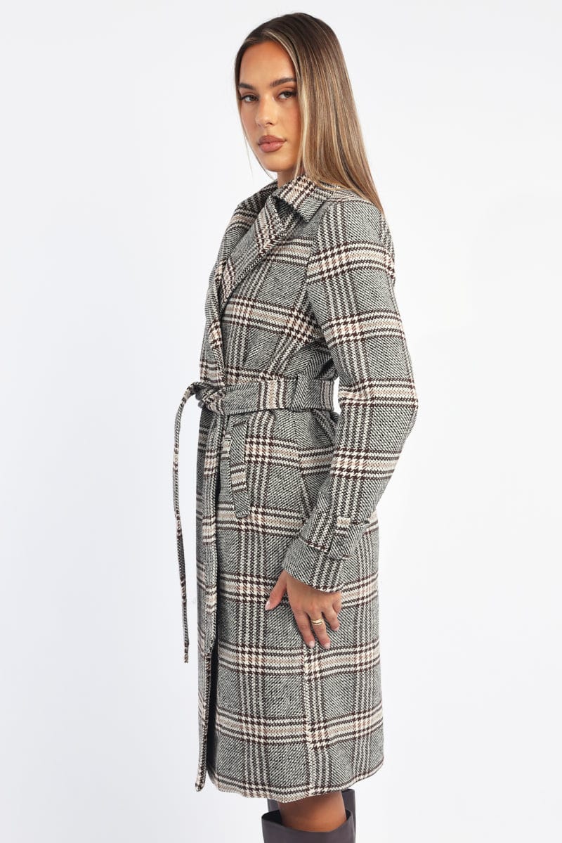 Black Check Belted Coat Knee Length Long Sleeve