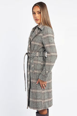 Black Check Belted Coat Knee Length Long Sleeve