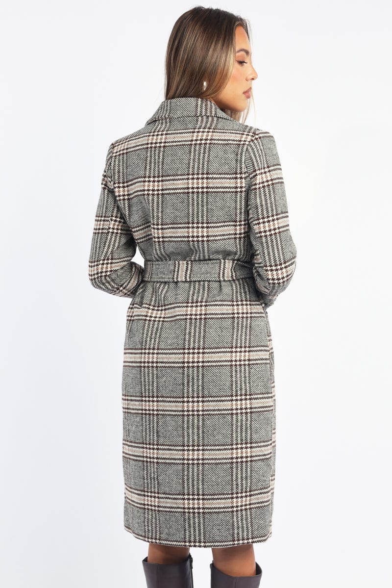 Black Check Belted Coat Knee Length Long Sleeve
