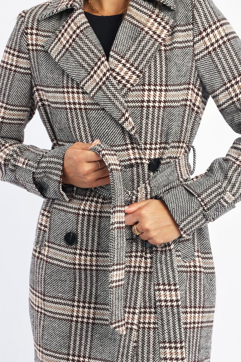 Black Check Belted Coat Knee Length Long Sleeve