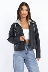 Black Faux leather Biker With Removable Hoodie