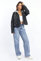 Black Faux leather Biker With Removable Hoodie