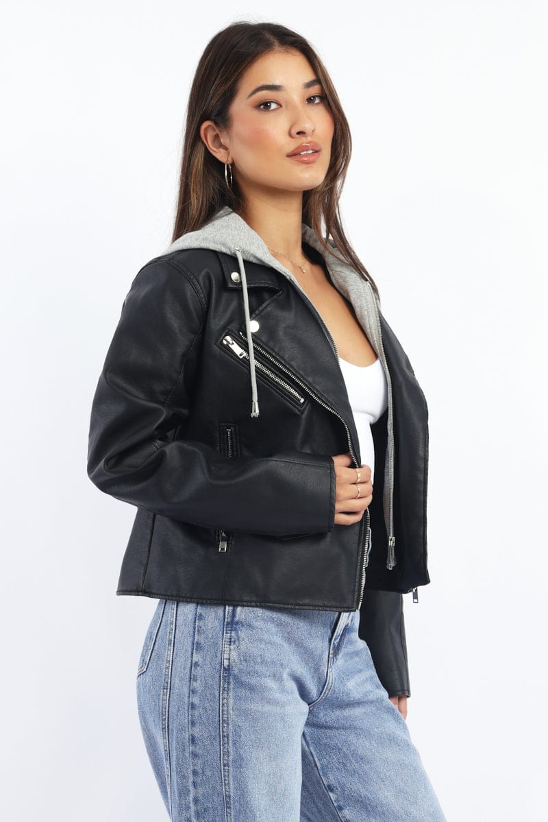 Black Faux leather Biker With Removable Hoodie